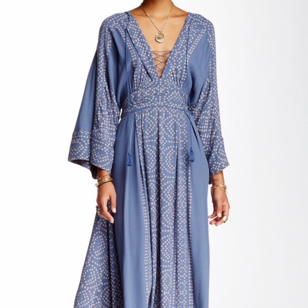Free People Blue and Cream Long Sleeve Dress boho